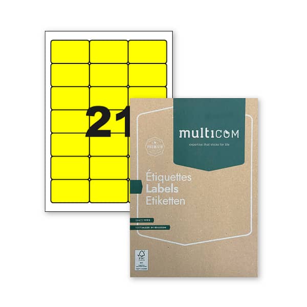 Etiquettes adhésives de couleur sur A4  (PCL21 JAUNE - 63.5 x 38.1mm - 21 par feuille)